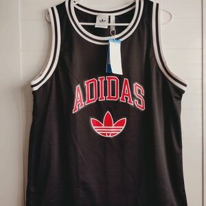 adidas Black Mesh Tank with Red Logo and White Trim